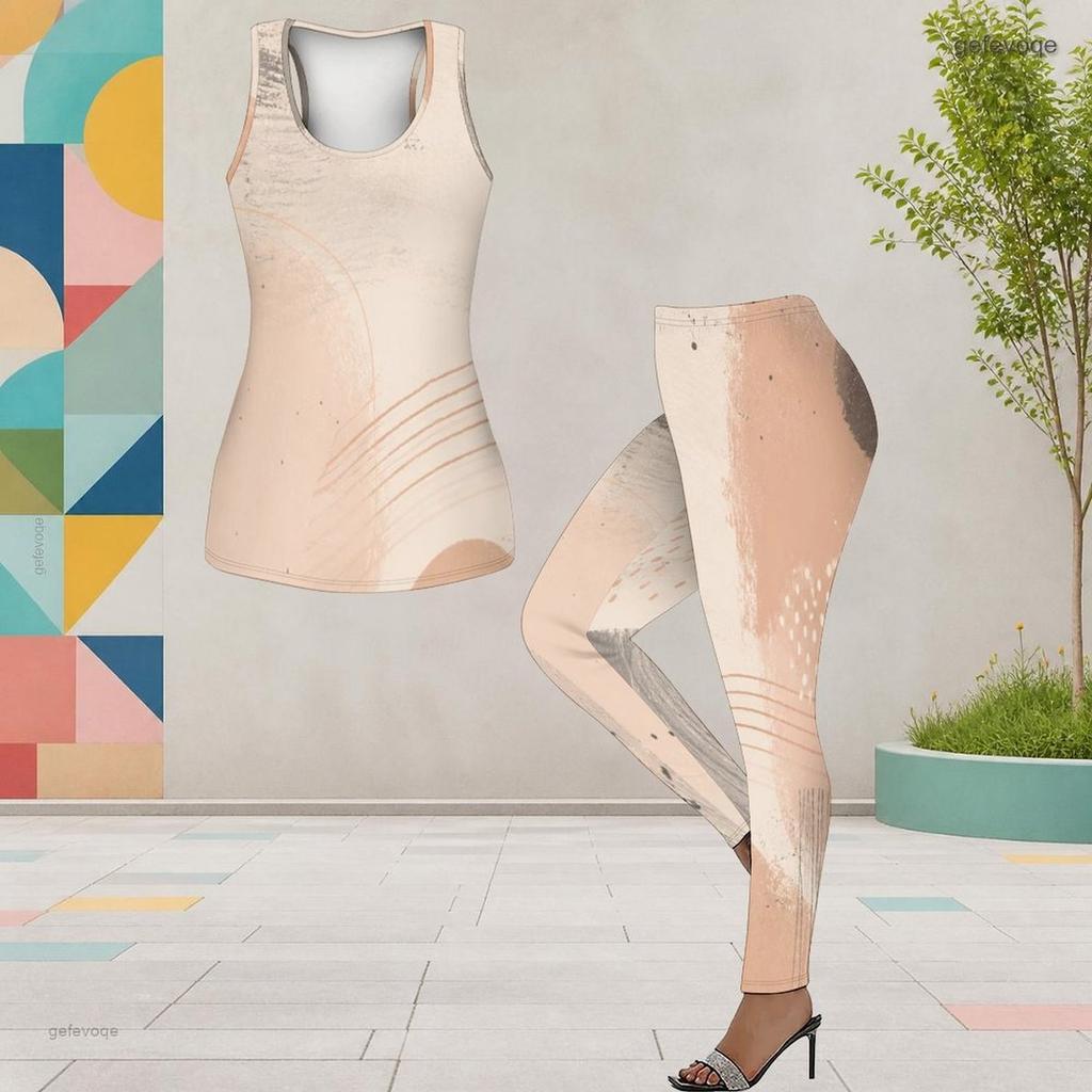Women Plus Size Two Piece Set Scoop Neck Sleeveless Tank Top White Blue Green Printed Fitted Pants