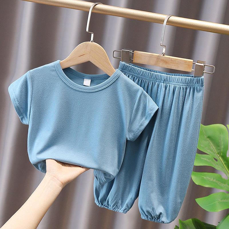 Children's Solid Color Short Sleeved Pants Set Summer Thin Home Clothes Men's and Women's Sleepwear Mosquito Repellent Pants Two-piece Set
