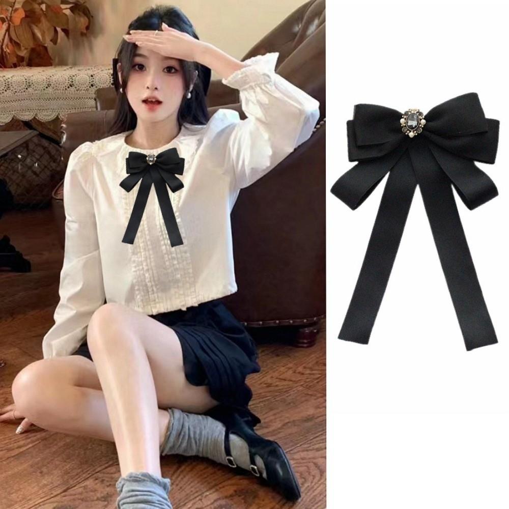 Pearl Black Bow Necktie Beads Funerals Memorial Pin Luxury Black Ribbon Pin Parties