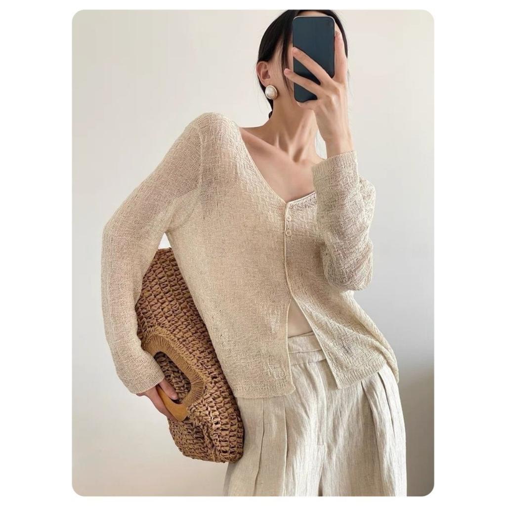 Fashionable Lightweight V-neck Cardigan - Transparent Summer Long Sleeved Shawl, Women's Casual Sexy Style, Elegant Cardigan