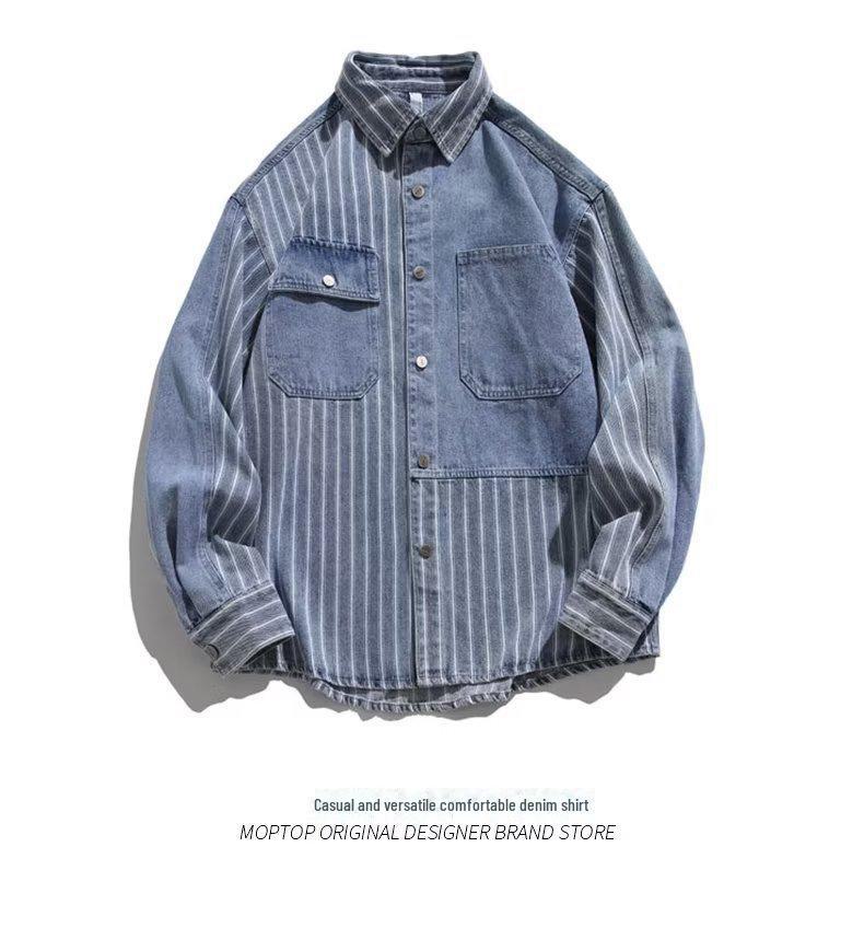 Men's Striped Loose Fit Denim Jacket for Spring & Autumn