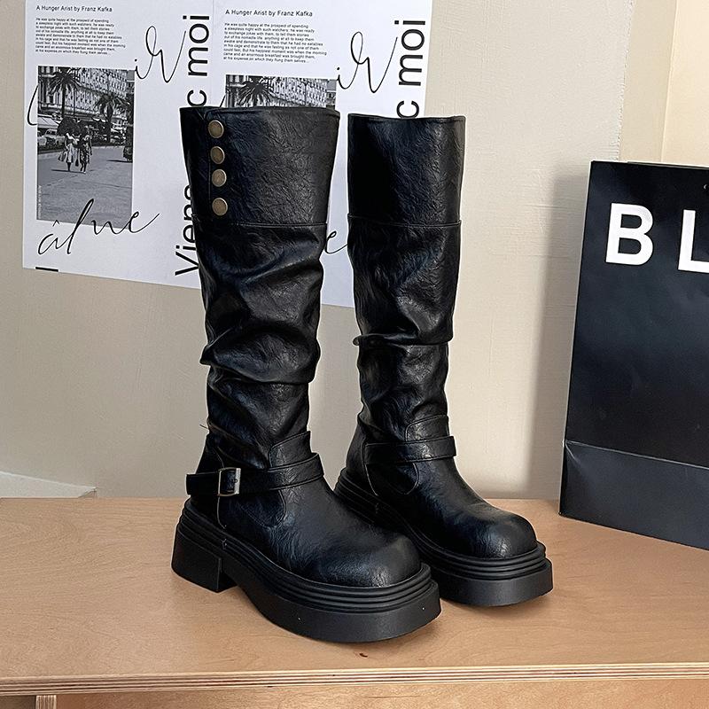 Retro Casual Belt Buckle Back Zipper Fashion Boots 2025 Autumn and Winter New Thick-soled Small Tall Knight Boots Tide