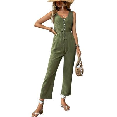 Women's Summer Casual Drawstring Sleeveless Solid Colour Long Jumpsuit