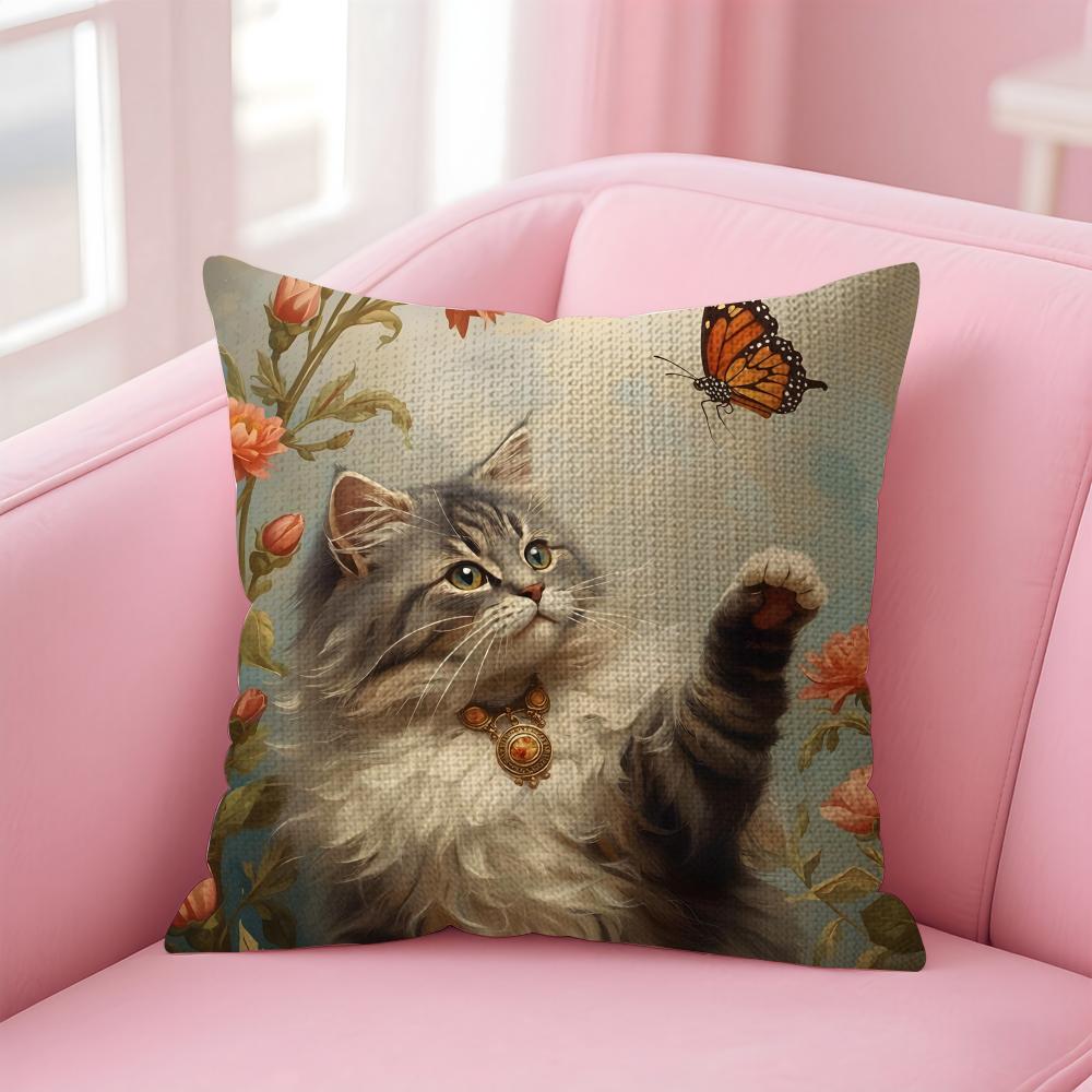 Cat And Flower Fashion Cushion Cover Natural Linen Pillow Case DoubleSided Print Decorative Sofa Pillowcase Home Decor Gift