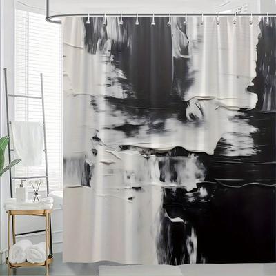 1pc Abstract Brushstroke Art Shower Curtain - Modern Minimalist Black and White Texture, 70.8x70.8in, 12 Hooks, Contemporary Sty