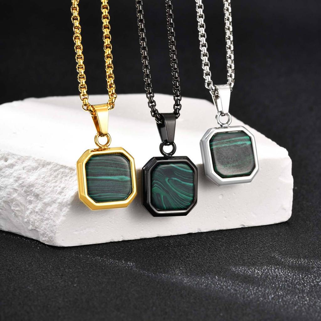 Trendy Green Square Natural Stone Necklace for Men,Stainless Steel Malachite Pendant Necklace,Minimalist Gifts for Husband Dad