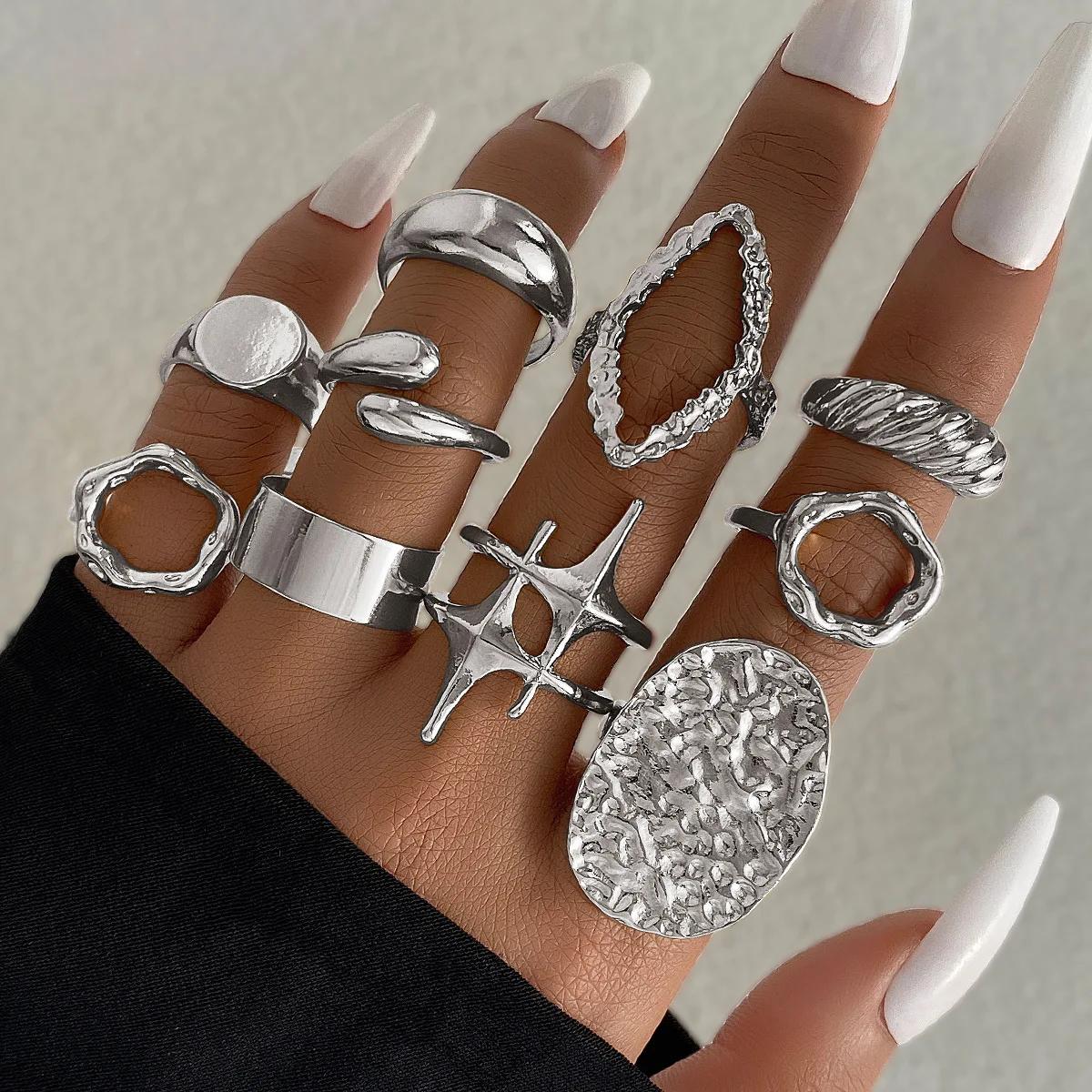 15Pcs/Set Stainless Steel Irregular Lines Water Drop Rings for Women Men Exaggerated Punk Retro Boho Fashion Jewelry Gifts