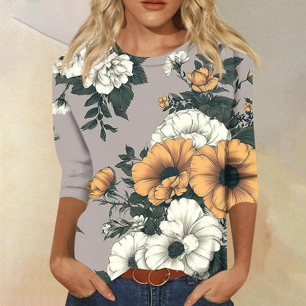 Women's Fashion Casual Round Neck Three Quarter Sleeve Printed T-Shirt Top