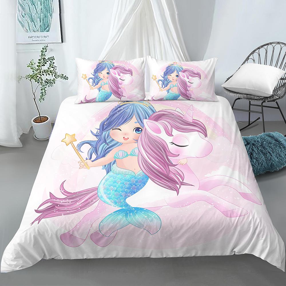 Bedding Set Girls Mermaid Duvet Cover Set With Pillowcase Cartoon Edredones Niños Girl Princess Quilt Cover Full Size Bedspread