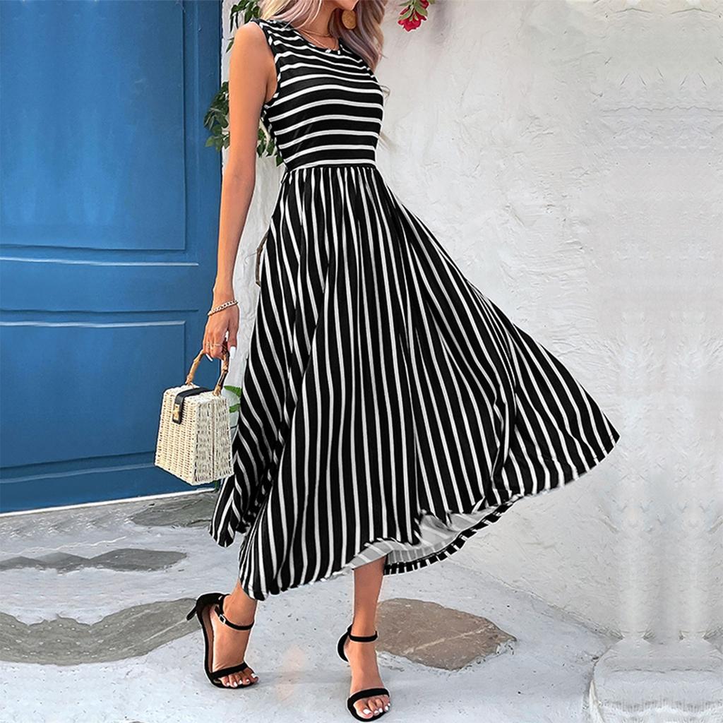 Women's Dress Casual Round Neck Striped Sleeveless Dress