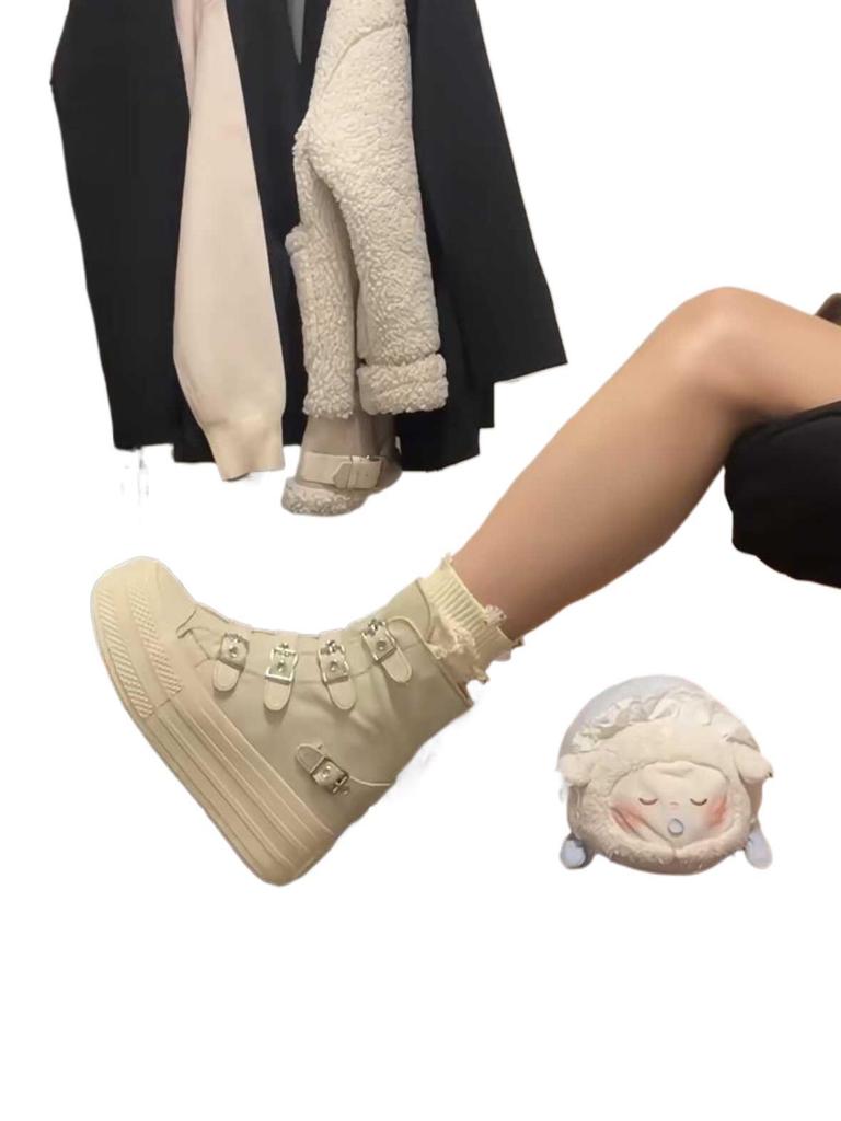 Women's 6.5cm Lift High-Top Canvas Shoes - Petite, Versatile, Breathable, Thick-Soled for Spring & Autumn