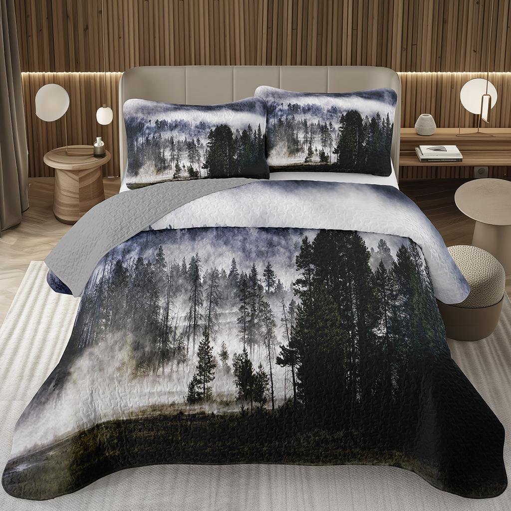 Přehoz na postel Queen/Twin s lesním motivem, Sada prošívané přikrývky s přírodní scenérií, Měkká lehká botanická přehoz na postel se stromem, Rustikální selská ložní souprava