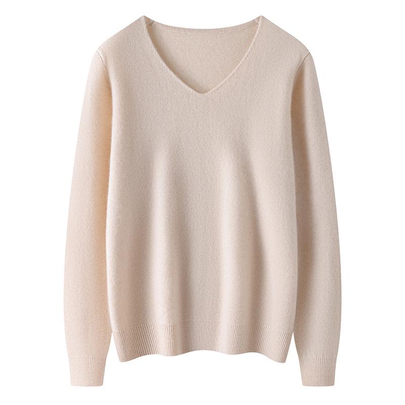 Lekasha Women's Cashmere Goat Wool V-Neck Pullover: Autumn/Winter Plain, Solid Color, Loose Fit Base Layer.