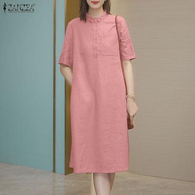 Women Casual Turn Down Collar Summer Short Sleeve Dress