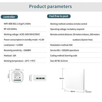 16A Tuya WiFi Smart Switch Bezprzewodowy 433MHz Samozasilany Nie wymaga baterii Przełączniki ścienne Sterowanie głosowe APP z Google Home Alexa
