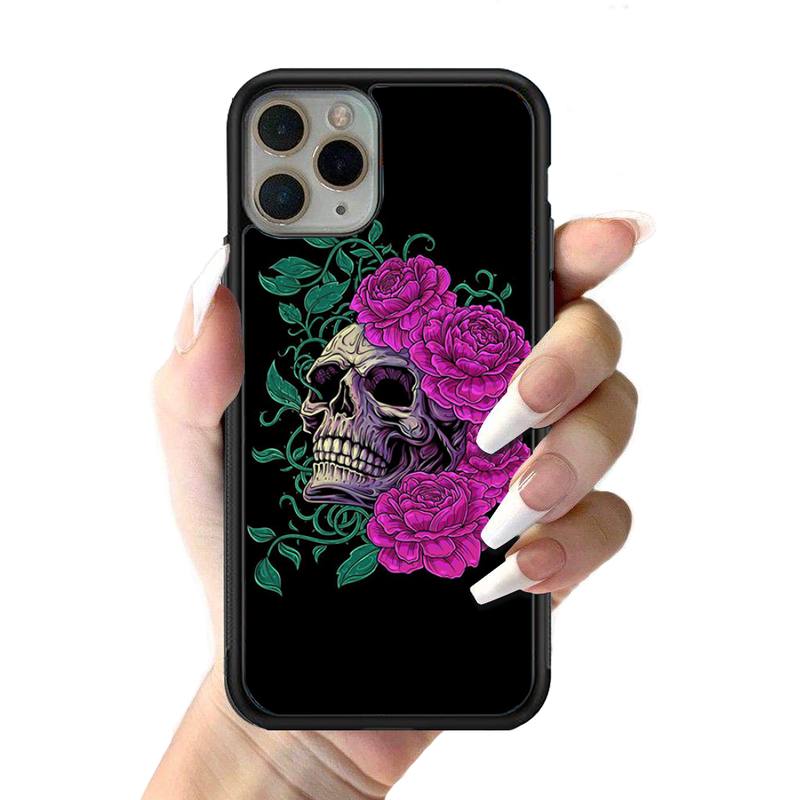 Skeleton Skull Flowers Phone Case Silicone PC+TPU Case for iPhone 11 12 13 Pro Max 8 7 6 Plus X SE XR Hard Fundas