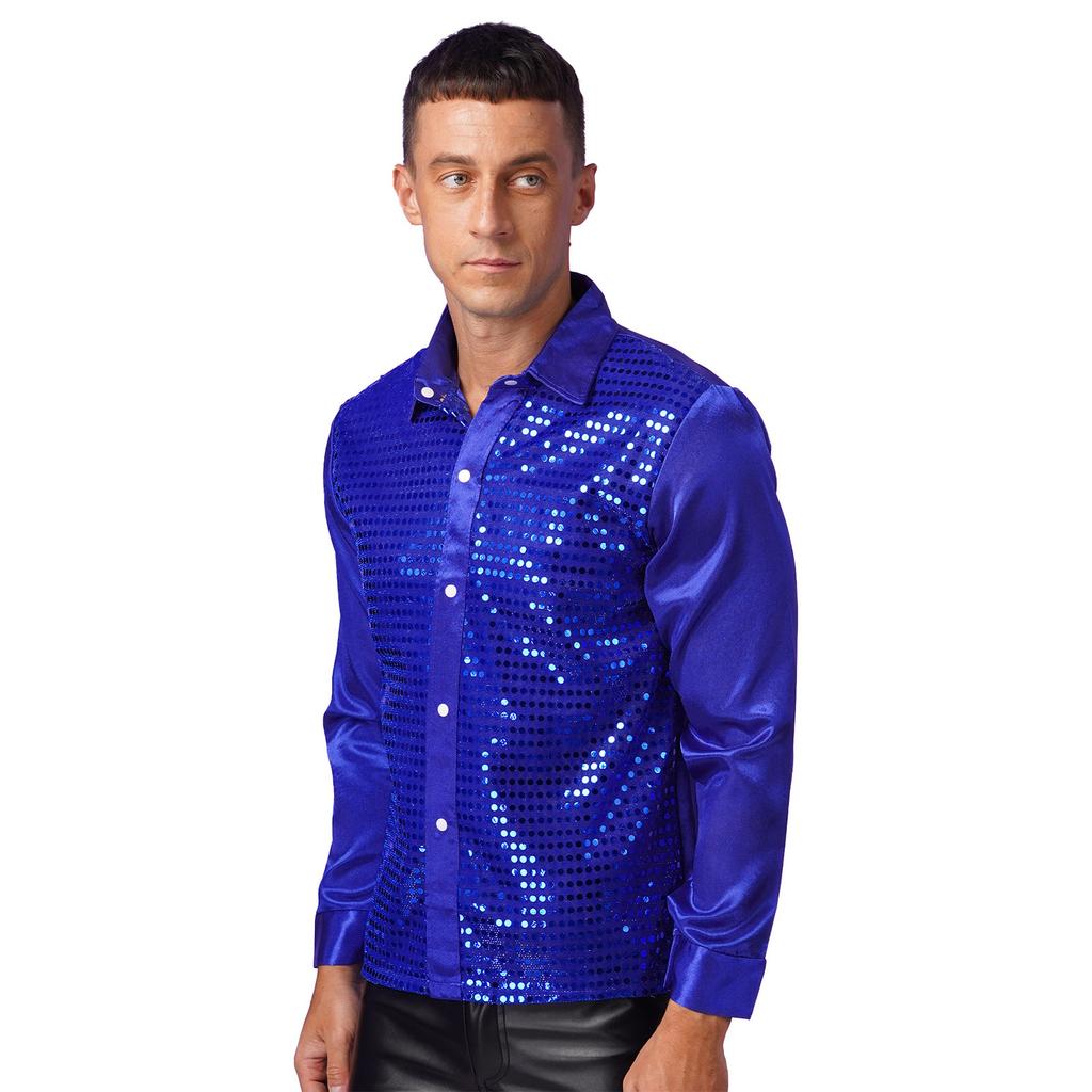 Mens Shiny Sequin Dance Shirt Latin Jazz Performance Wear Turn Down Collar Long Sleeve Patchwork Top