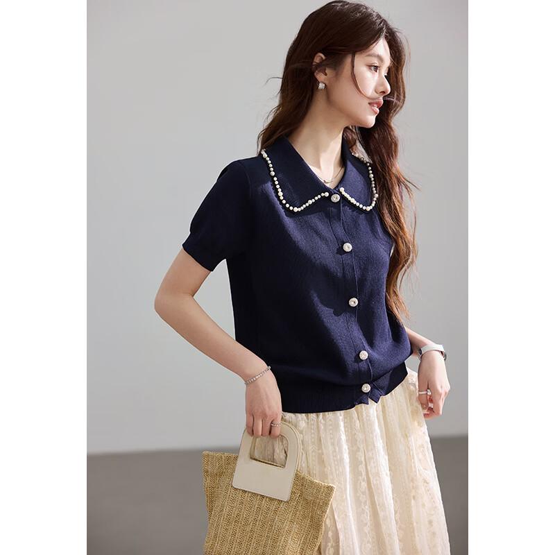 VICTORIA&VERA Hepburn Style Pearl Lapel Short Sleeve Knit Top