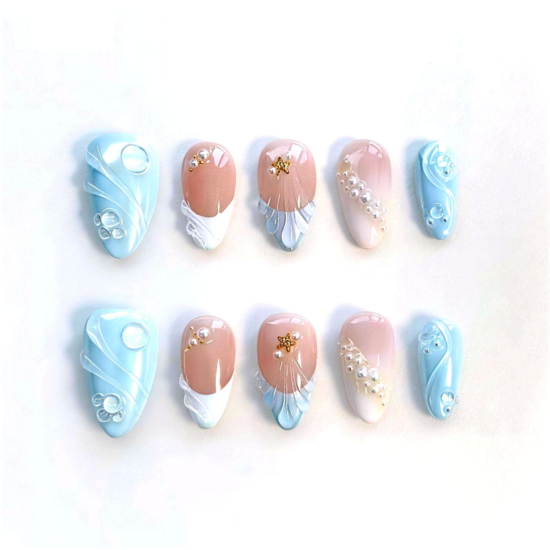 24 Pieces Of Manicure 3D Three-Dimensional Summer Fresh French Pearl Design Long Water Droplets Wearing Armor Jelly glue + rubbing strips