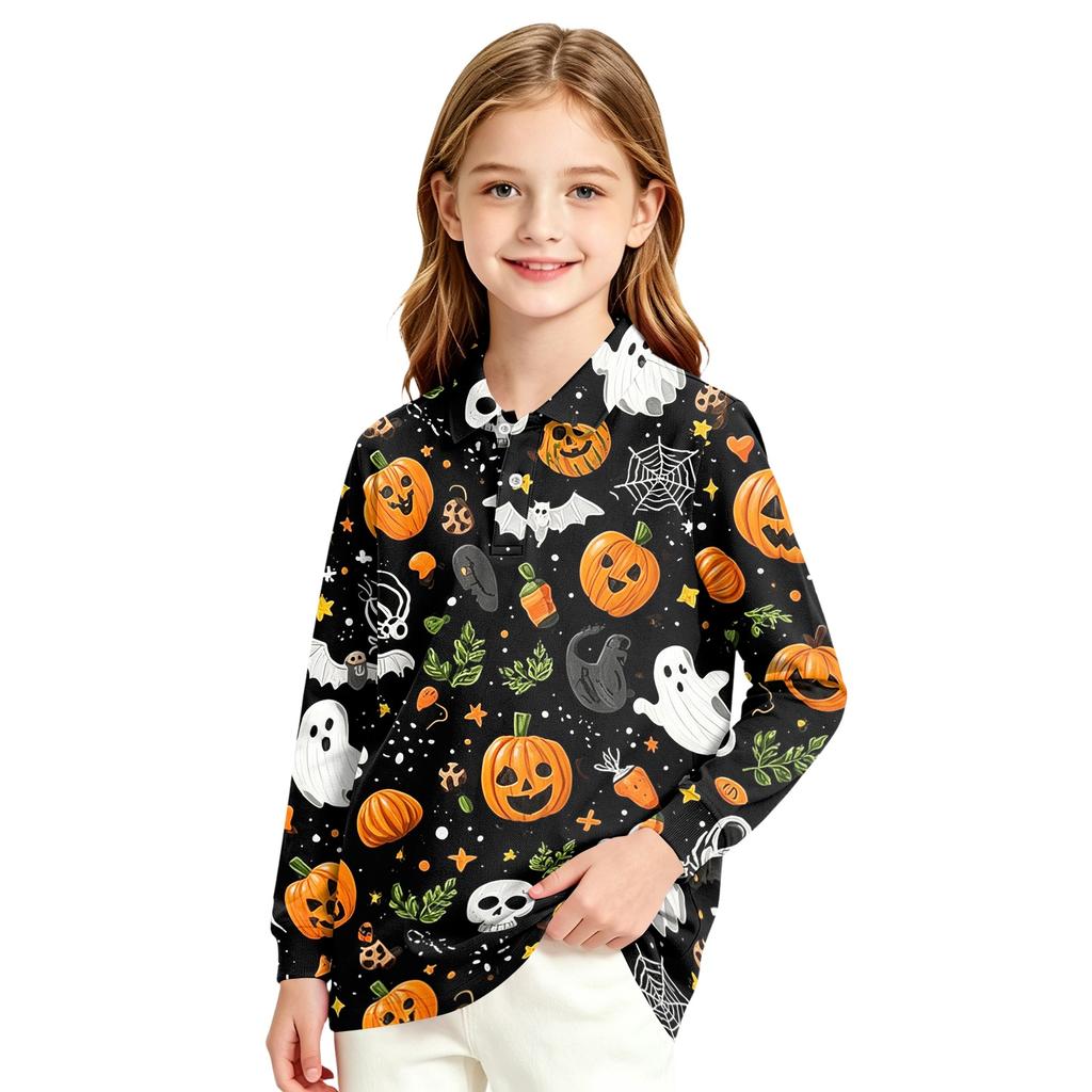Girls School Uniform Long Sleeve Top with Halloween Print