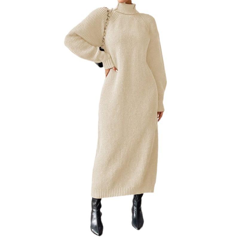Fashion Straight Casual Loose Bottoming Dress Autumn Winter Thicken Women Turtleneck Knitted Dresses Solid Maxi Sweater Dress