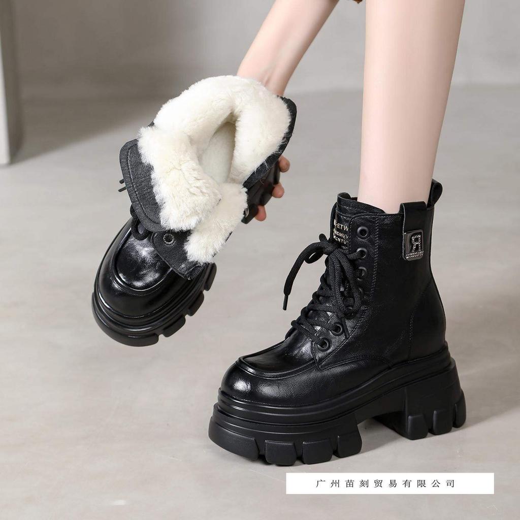Soft leather Martin boots, thick-soled fur integrated thermal snow boots, British short boots