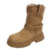 French thick heel round head suede pleated piled boots 2025 new autumn temperament fashionable and thin versatile short boots women