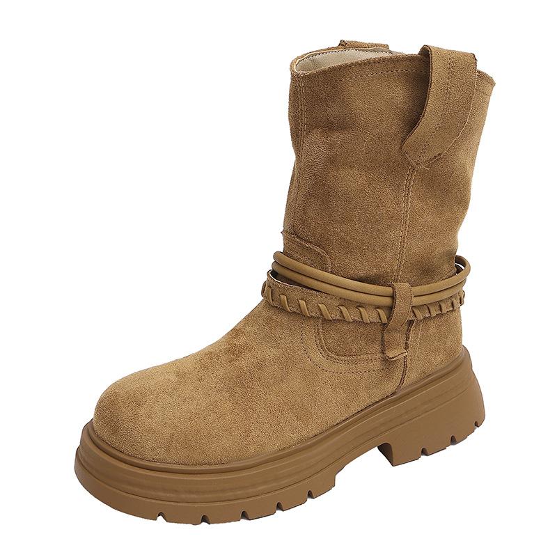 French thick heel round head suede pleated piled boots 2025 new autumn temperament fashionable and thin versatile short boots women