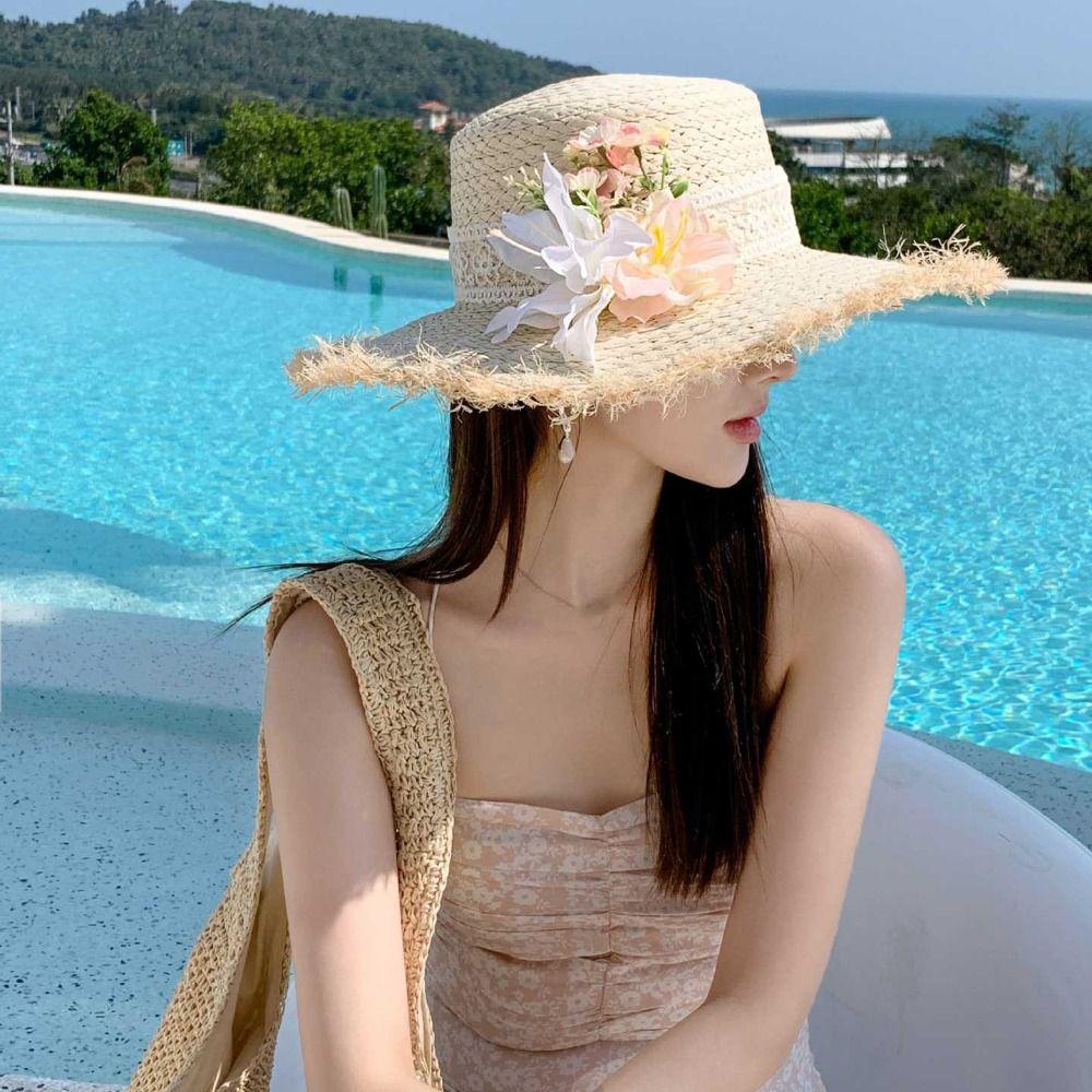 Tassel Edge Weave Flat Cap Wide Brim Women's Sun Hats Casual Lace Flower Straw Hat  Holiday