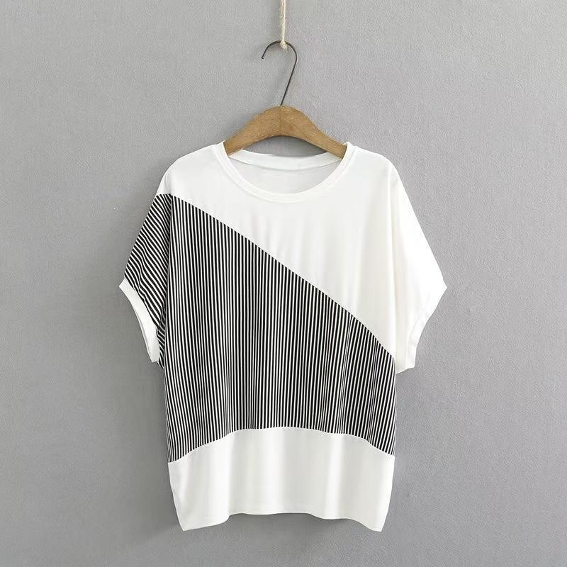 

2025 Новая Повседневная Верхняя Одежда Большого Размера Сплайсинг Пуловер Топ для Прикрытия Живота Женский Летний Футболка с Рукавами Летучая Мышь и Круглым Вырезом Женская M белый