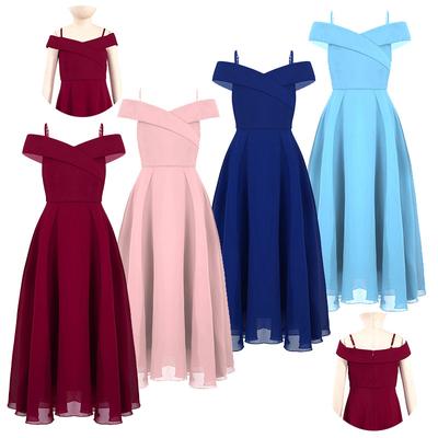 Kids Girls Elegant Chiffon Off Shoulder Bridesmaid Wedding Dress Birthday Party A Line Evening Dress