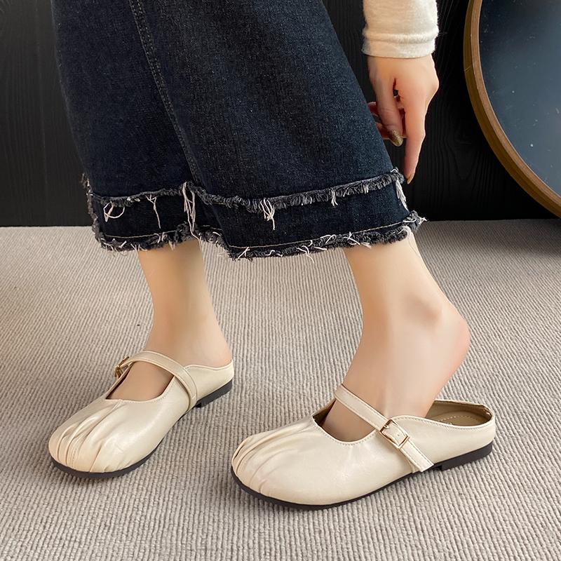 CRLAYDK Mules for Women Adjustable Strap Backless Leather Loafers Slip On Flat Casual Party Work Fold Slides Shoes