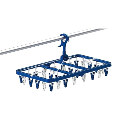 Towa Sangyo Laundry Drying Rack with LST Side Hooks, 32 Pinch Clothes Hangers, Blue, Anti-Tilt, Double Hooks, Large, Approx. 33cm Wide X 60cm Deep X 3