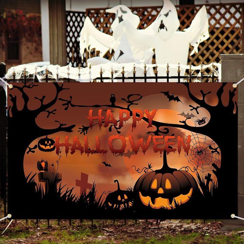 VIKAMA Halloween Backdrop Pumpkin Bat Spider Graveyard Banner Indoor Outdoor Party Wall Photo Booth Decor