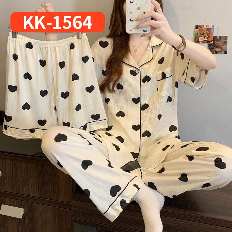 Sweet Striped Bow Print Korean Style Crinkle Pajamas Set for Women - Three-Piece, Short Sleeve Homewear.