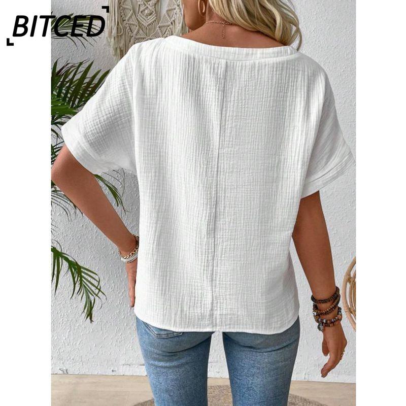 BITCED Women's Fashion Casual Solid Color Print V-Neck Short Sleeve Blouses & Shirts