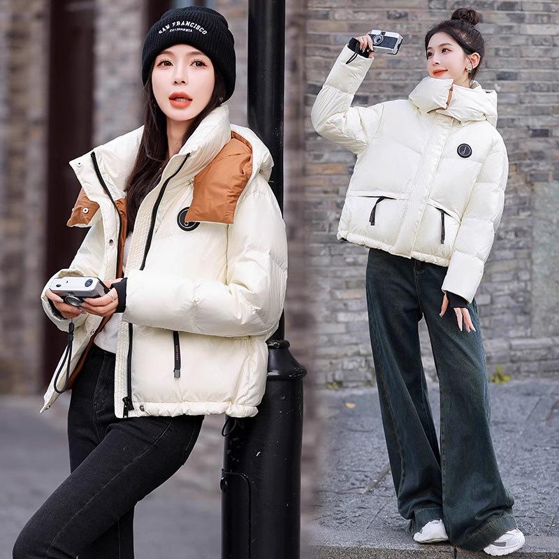 Color Block Quilted down Cotton Jacket Women's Short Winter Coat Bread Style Outerwear Ultra Short Length Polo Collar Zipper