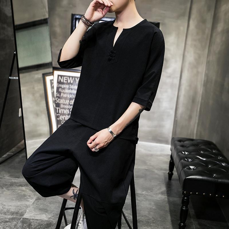 Men's Summer Chinese-Style Cotton Linen T-Shirt and Cropped Pants Suit