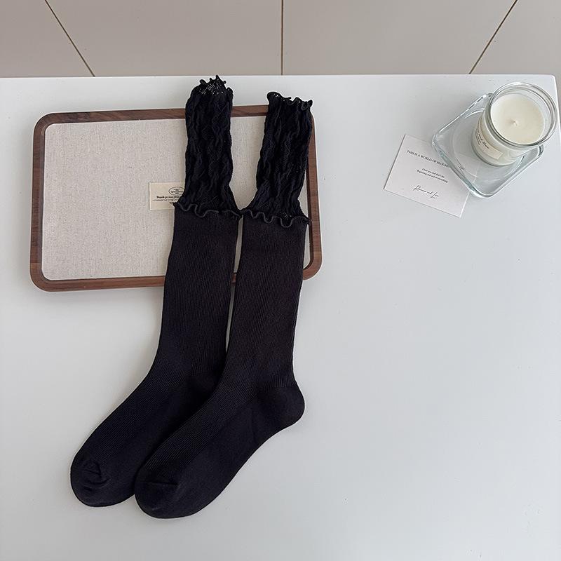 Socken im Ballettstil für Damen, Süße Patchwork-Mittelwadensocken mit Spitze, Dünner Stil für Frühling und Herbst, Niedliche schwarze, ohrenbesetzte Frotteesocken, Lolita