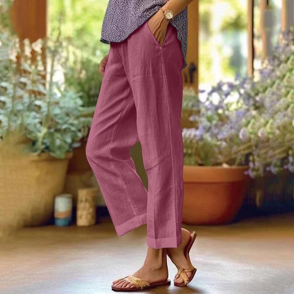 Spring Summer New Women Solid Cotton Linen Wide Leg Pants, Elastic Waist Loose Casual Trousers, Breathable Daily Fashion Bottoms