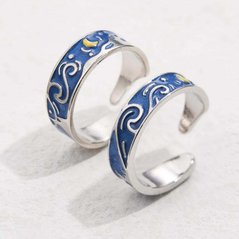 S Couple Van Gogh Night Open Rings For Women Men Simple Fashion Design Copper Color Lovers Blue Starry Sky Ring Party Jewelry