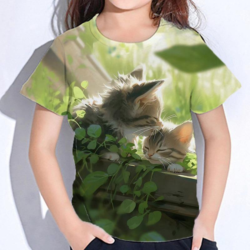 Dívčí oblečení Roztomilé tričko s potiskem kočky Krátký rukáv Dívčí tričko Letní dětské oblečení Tričko s kulatým výstřihem Top Trička Módní dětské tričko