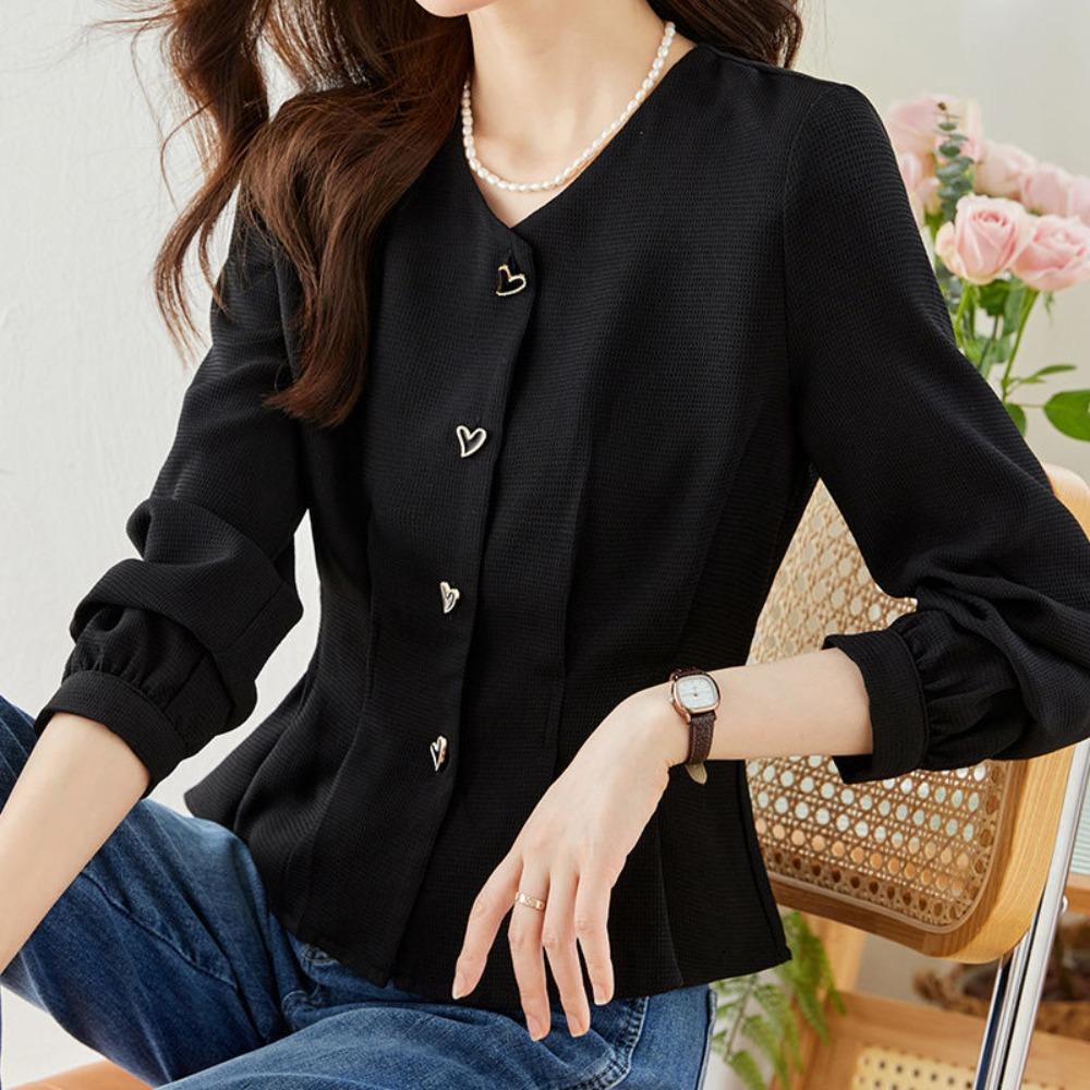 

Solid Color Button Up Shirts Pleated Long Sleeve Overshirts Elegant Black Blouse Women Office XL чорний
