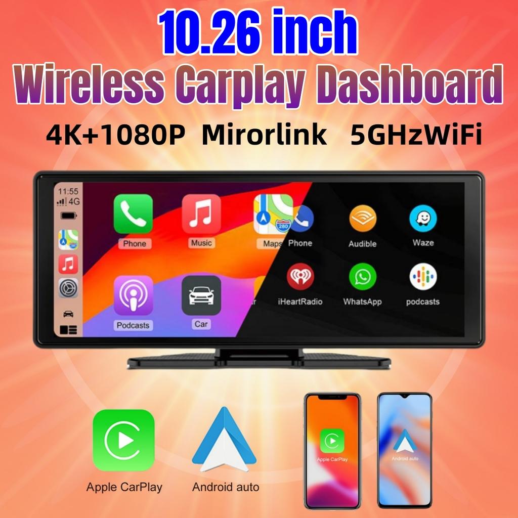10.26 Inch Car DVR 4K Dash Cam Dual Lens Wireless Carplay & Android Auto Video Recorder Monitor GPS Navigation 5G Wifi FM AUX