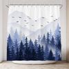 Misty Mountain Shower Curtain - Navy Forest Pine Tree Foggy Landscape with Snow-Capped Mountains & Birds, 72x72 Inch Fabric Bath