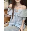 French Style Temperament Stylish Ruffles off-Shoulder Shirt Women's Clothing Summer Gentle Younger Blue off-the-Shoulder Tops