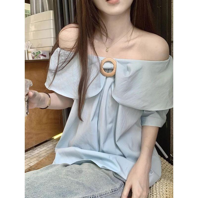 French Style Temperament Stylish Ruffles off-Shoulder Shirt Women's Clothing Summer Gentle Younger Blue off-the-Shoulder Tops