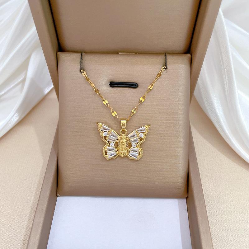 Empty Zircon Butterfly Light Luxury Temperament Gorgeous Full Diamond Necklace Female Versatile Collarbone Chain Titanium Steel Chain
