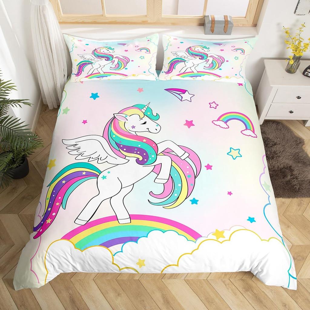 Unicorn Bedding Set Full QueenCartoon Rainbow Animal Comforter Cover Kids Girls Glitter Unicorn Duvet Cover Kawaii Quilt Cover