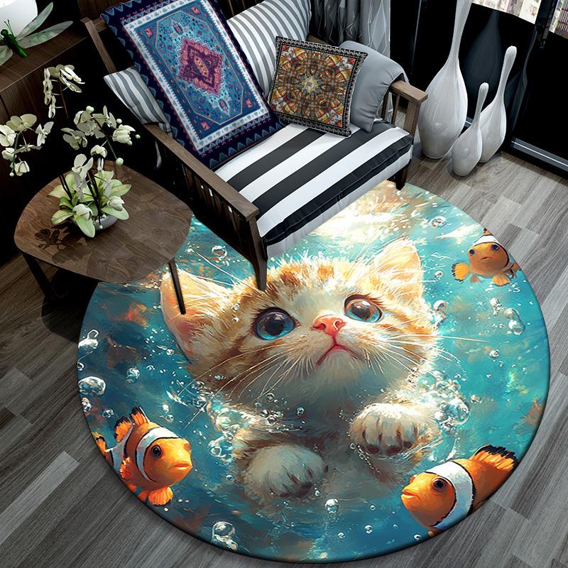 Kitten Clownfish Round Area Rug,Carpet Rug for Living Room Bedroom Sofa Playroom Decor,Non-slip Floor Mat